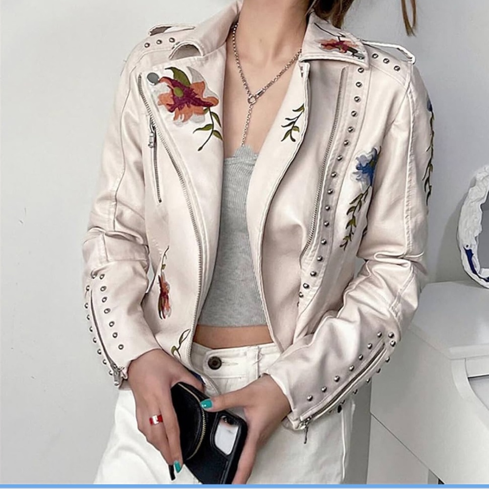 LY Varey Lin Floral Embroidered Women's Jacket Size Small Moto Cream